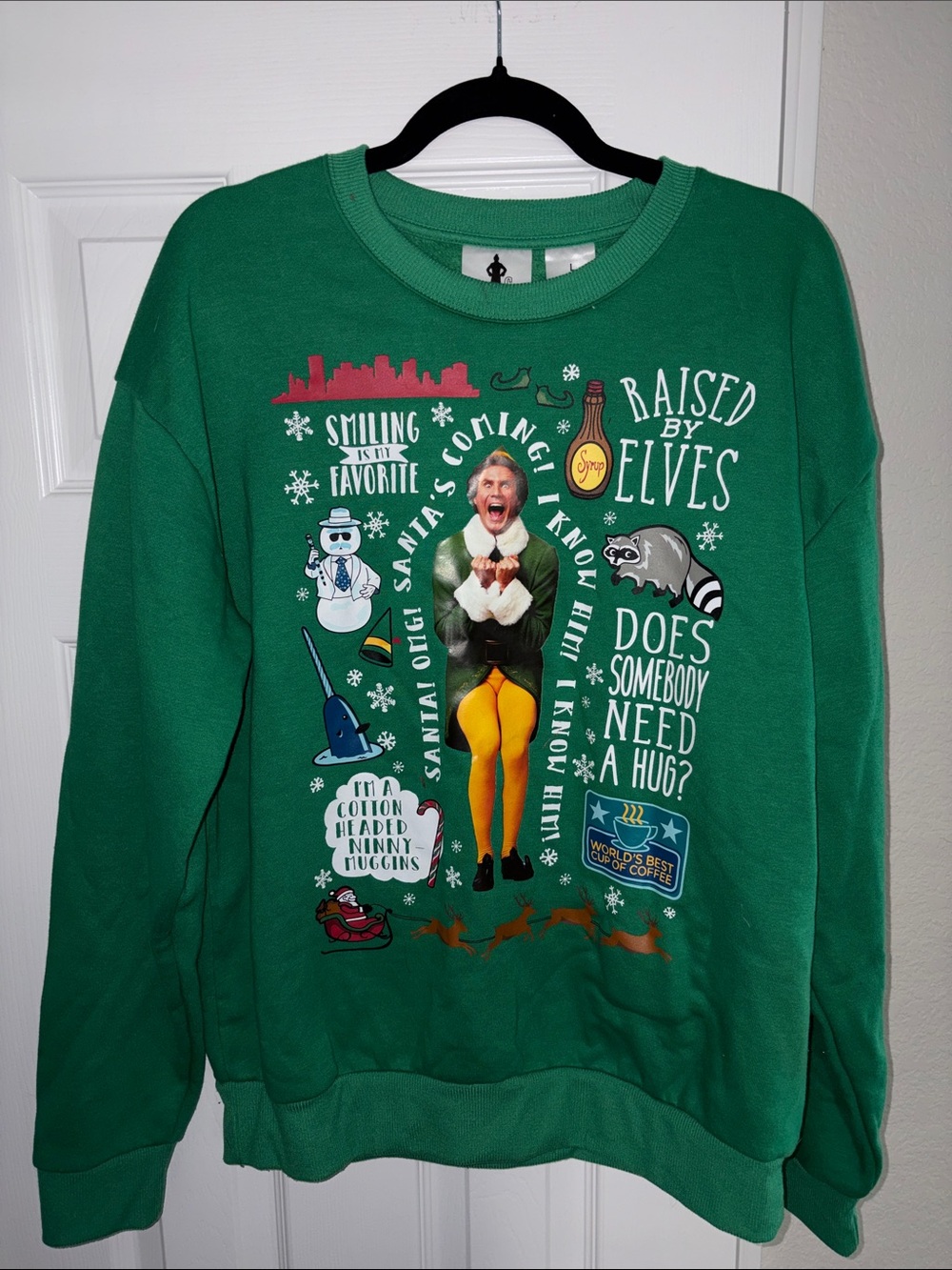 ELF Christmas Green Graphic Crewneck Sweatshirt with Multicolor Print